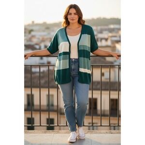 Alfred Dunner 1X Green Colorblock Cardigan Short Sleeve Button Sweater USA Churc